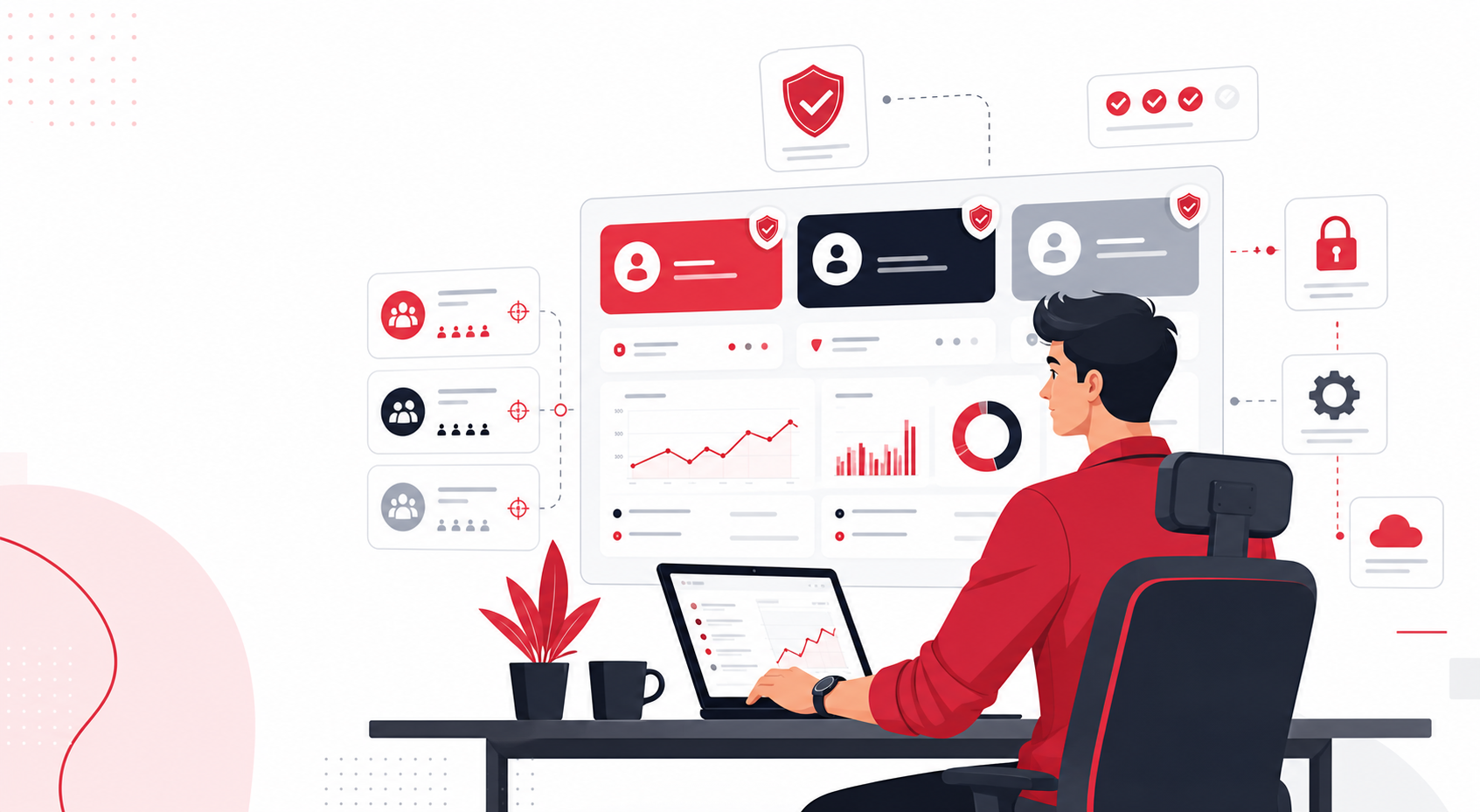 Ilustrasi operator digital advertising mengelola akun whitelist dan campaign
